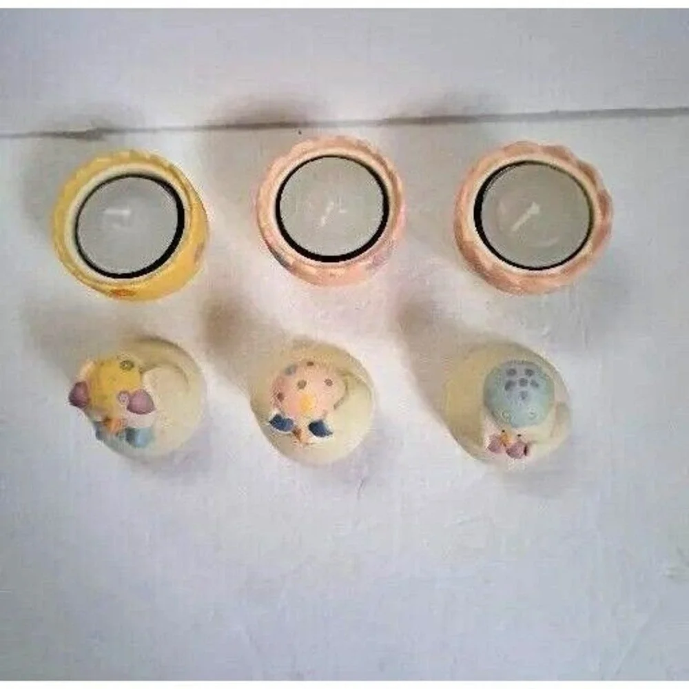 Easter Chicks See Hear Speak No Evil Tea Light Candle Holders Ceramic Set Tray